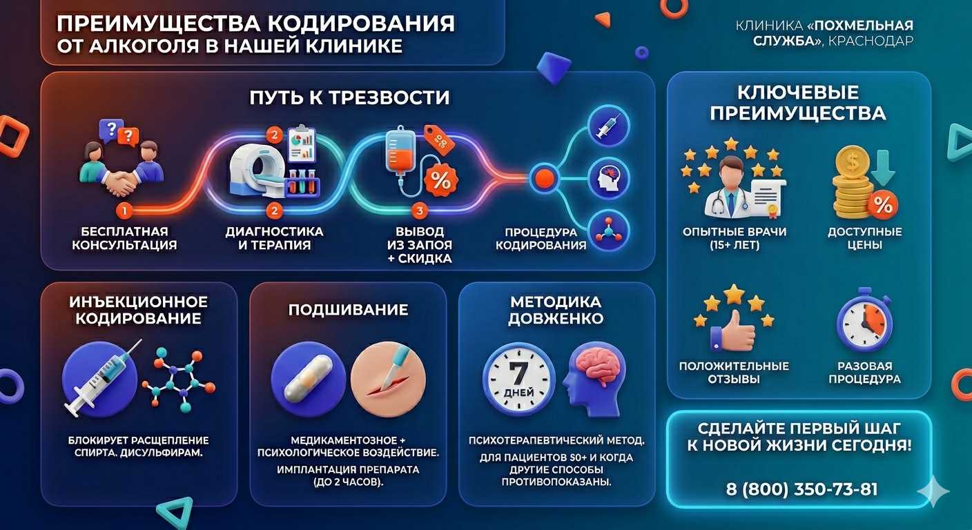 Инфографика о методах кодирования от алкоголя в Россоши: инъекции, подшивание, метод Довженко. Преимущества клиники и этапы лечения.