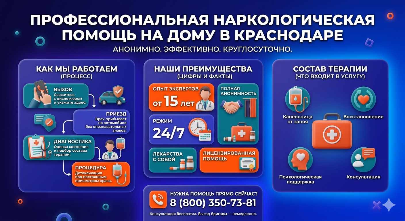 Инфографика о принципах лечения алкоголизма на дому в Россоши: этапы вызова нарколога, преимущества анонимной детоксикации и состав медицинской помощи.